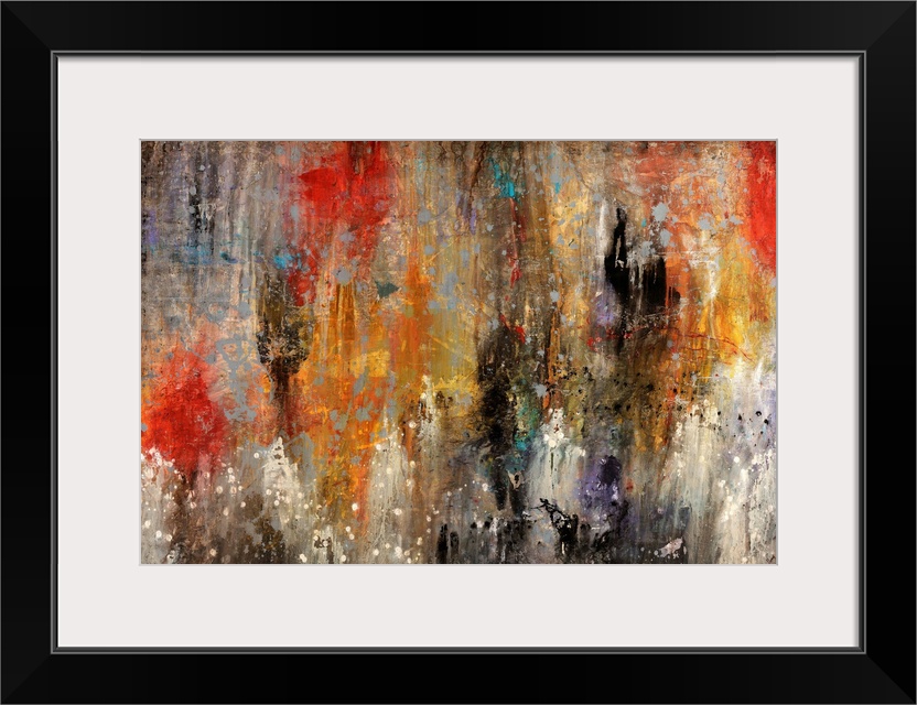 Contemporary abstract painting reminiscent of a mysterious and hazy cave, done with splatters and drips.