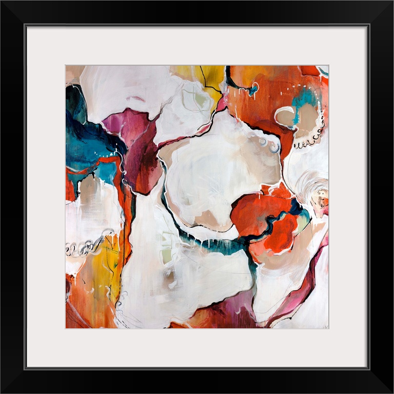 A colorful piece of square artwork that is abstract with creamy paint textures.