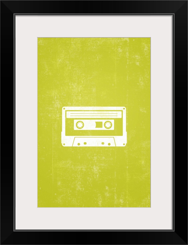 Retro artwork that has a silhouette of a cassette tape against a neon green background.