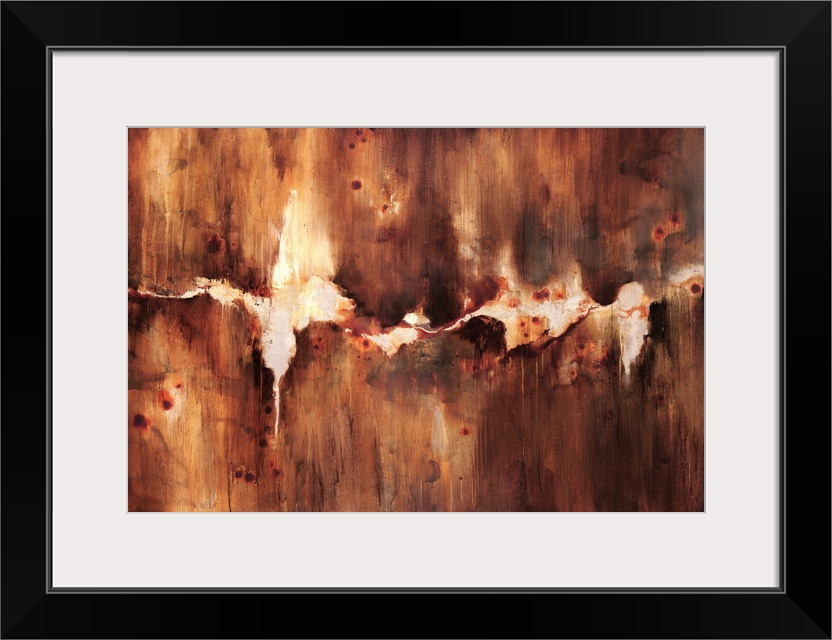 Abstract artwork that is rust colored with a crack through the middle with an off white background showing.