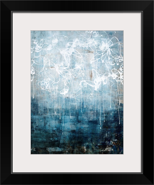 Contemporary abstract painting using neutral tones and dark blue tones with scribbled white paint strokes resembling cave ...