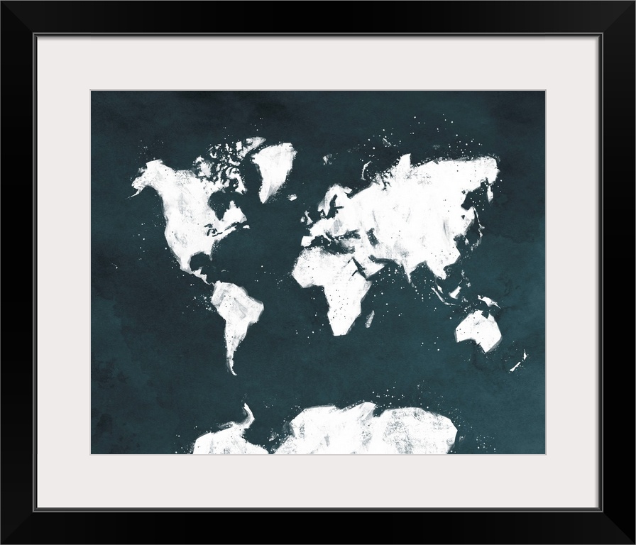 World map artwork with sketch-like details against a navy background.