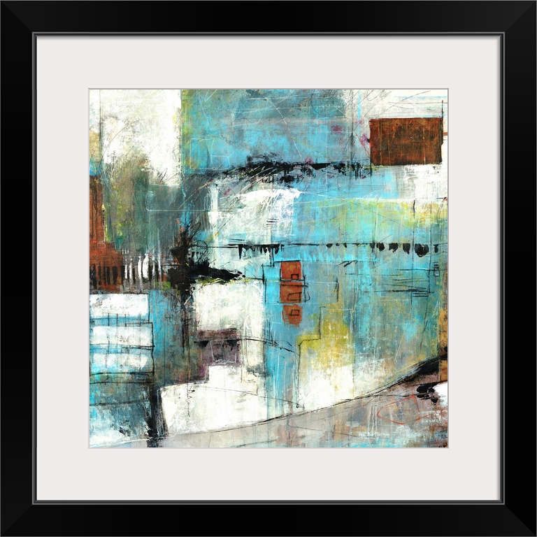 Contemporary abstract artwork with sketchy, quick lines and dark blocks on top of a pale background, reminiscent of an urb...