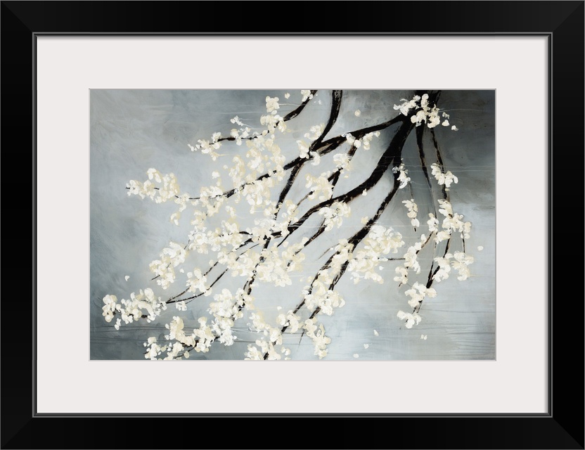 Contemporary drawing of blooming white flowers on the dark branches of a cherry tree hanging down from the top.