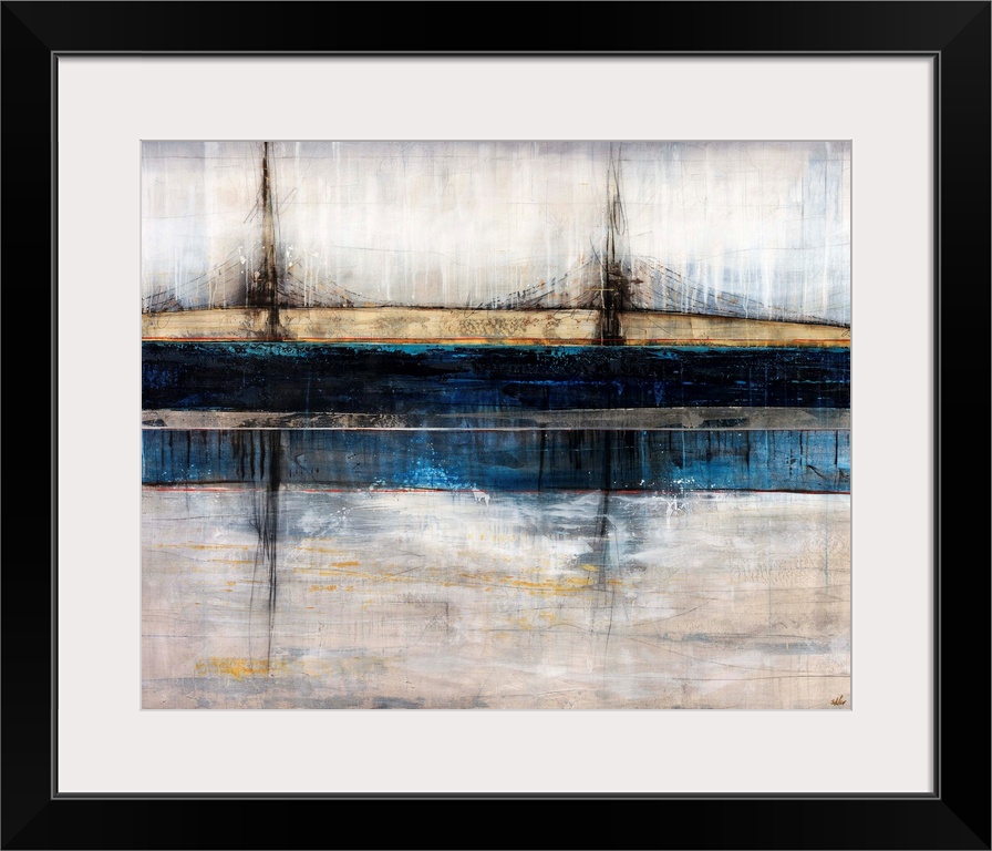 Abstract art piece depicting a bridge in a city spanning across a river.