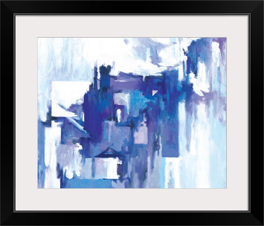 Contemporary abstract art with angular shapes in blue and lavender shades.