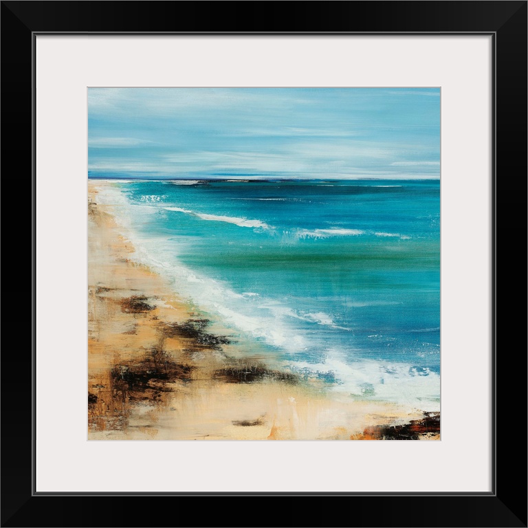 Contemporary painting of slightly blurred, out of focus shoreline with surf and waves rolling in under a cloud sky.