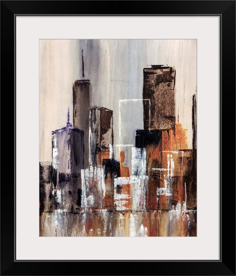 Contemporary abstract painting of cityscape and waterfront. The painting uses simple geometric shapes to create buildings ...