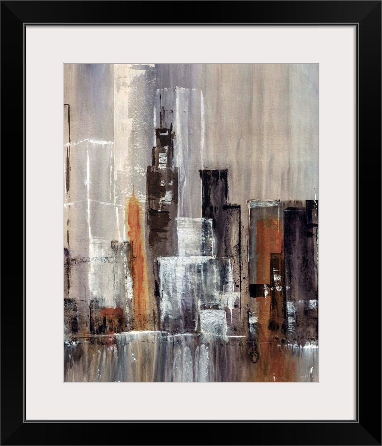 Contemporary abstract painting of tall city building and skyscrapers with waterfall in the foreground. The image is colore...