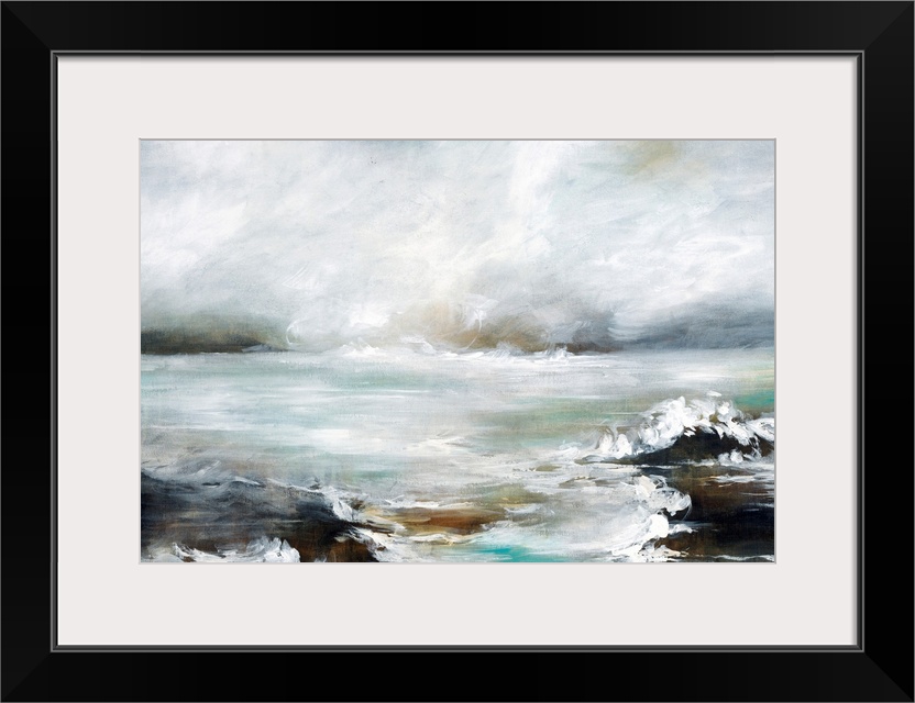 Contemporary artwork of a seascape with mild waves on a cloudy day.