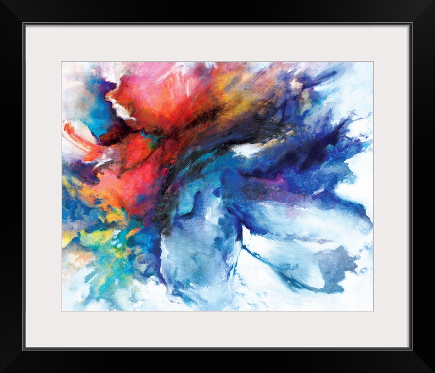 A contemporary abstract painting of a cloud-like formation of deep colors and brush strokes.