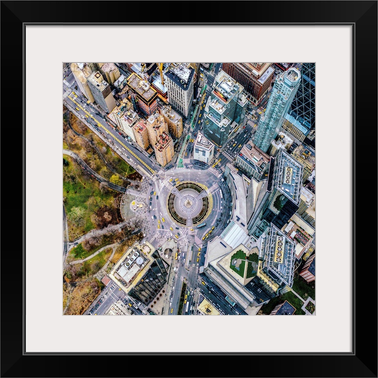 Aerial view of Columbus Circle at the edge of Central Park in New York City.