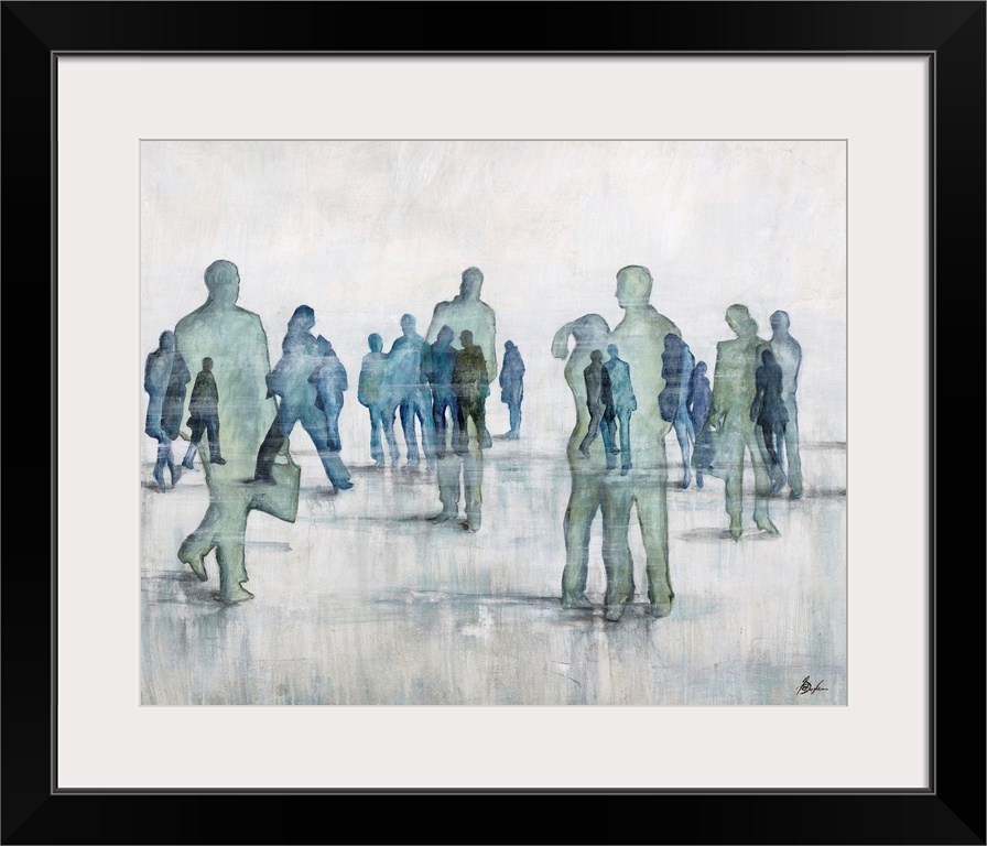 Contemporary painting of transparent figures in cool tones gathering.