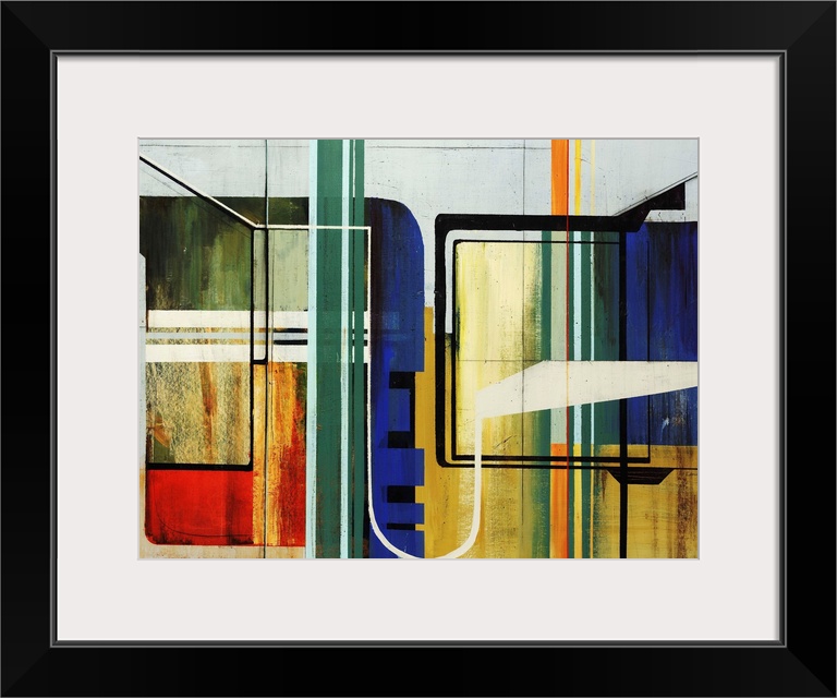 Abstract modern art featuring geometric lines and  a colorful, but simple palette.