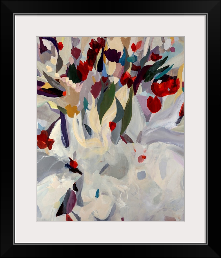 Large abstract modern painting of a uniquely arranged bouquet of blooming flowers. Vibrant tones in flowers at the top con...