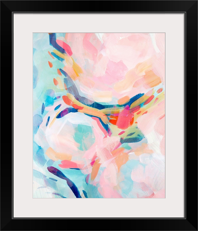 Contemporary abstract painting in yellow, teal, and pink.