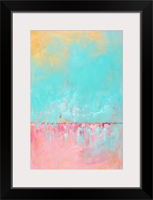 Contemporary abstract painting in yellow, teal, and pink.