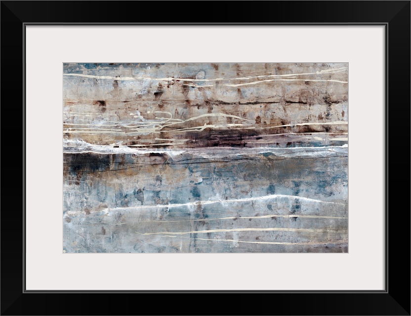 Contemporary painting in neutral and earth tones of overlapping and blending areas of color, with vertical and horizontal ...