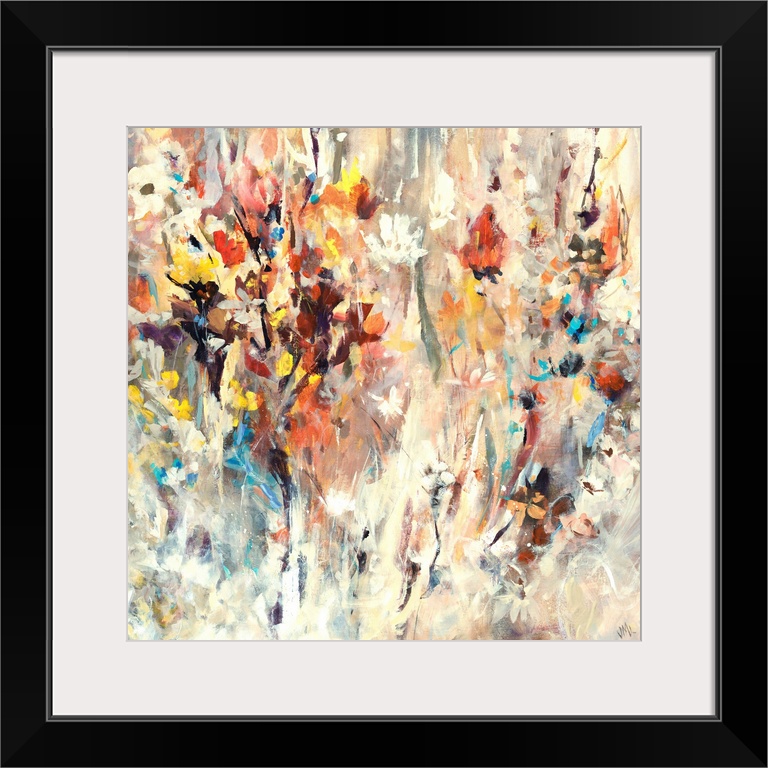 Contemporary painting of many bright flowers, seemingly jumping from the beige background, full of motion and splashes of ...