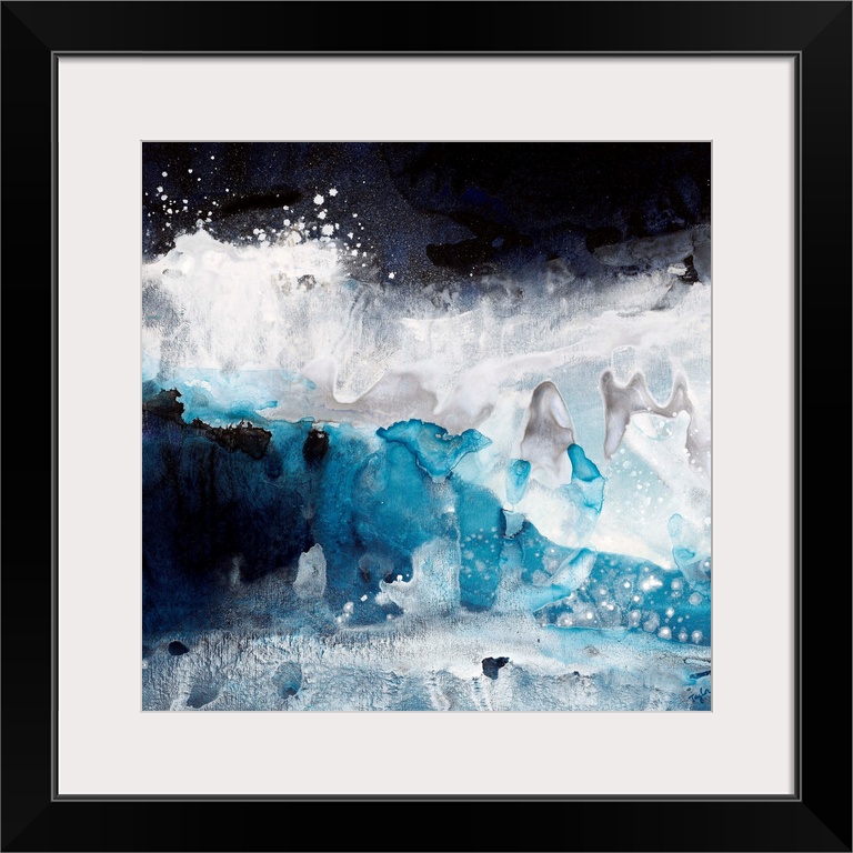 Contemporary abstract painting of what looks like crashing blue and white waves of ocean water.