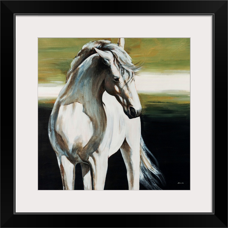 Square, big painting of a partially shadowed, white horse from the knees up, standing forward with its head turned to the ...