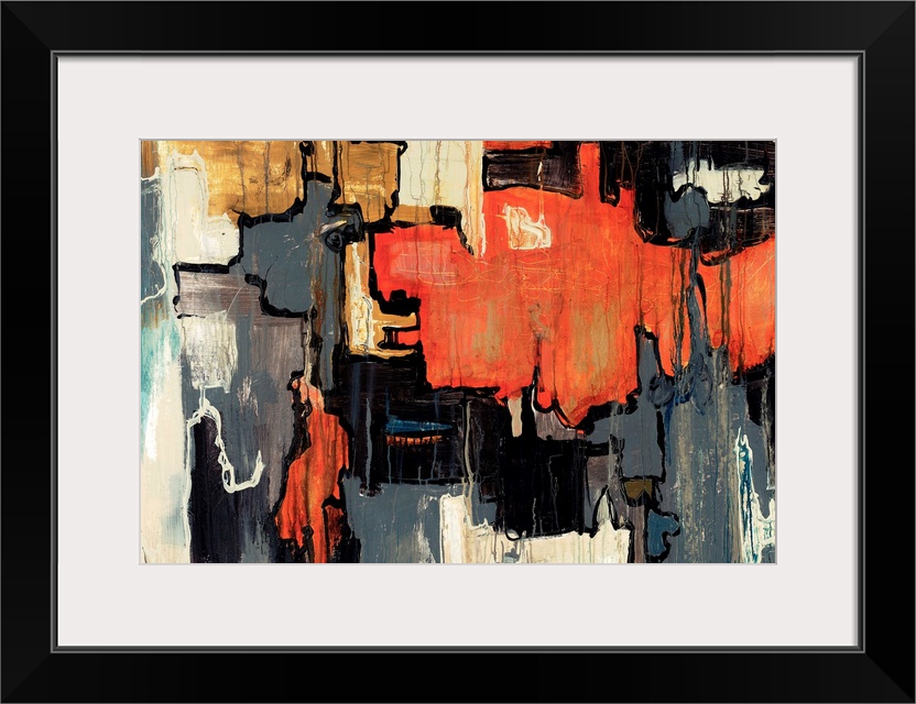 Abstract painting of bold dark colors with black lines running between the separation of colors.