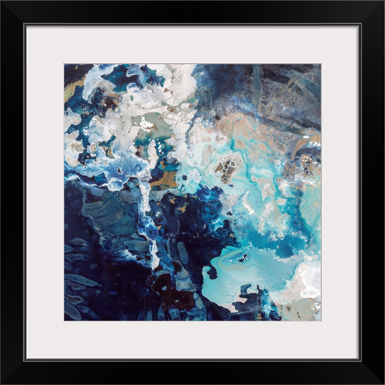 Abstract contemporary painting with dark navy and bright blue splashes.