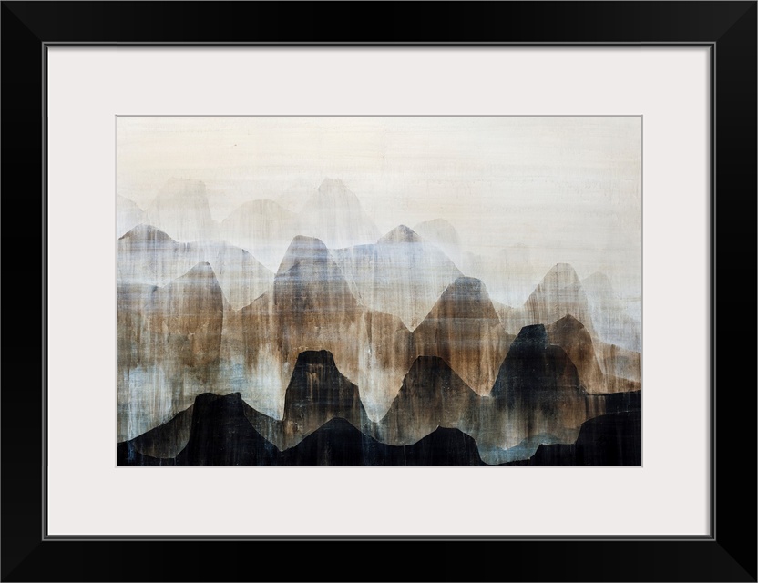 Contemporary artwork of a mountain range painted in various earth-tones.