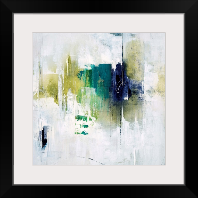 Abstract painting using vivid green and blue tones in gradients on a neutral background.