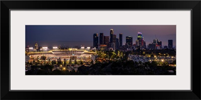 Dodger Stadium and LA skyline Lit Up at Night - Panoramic