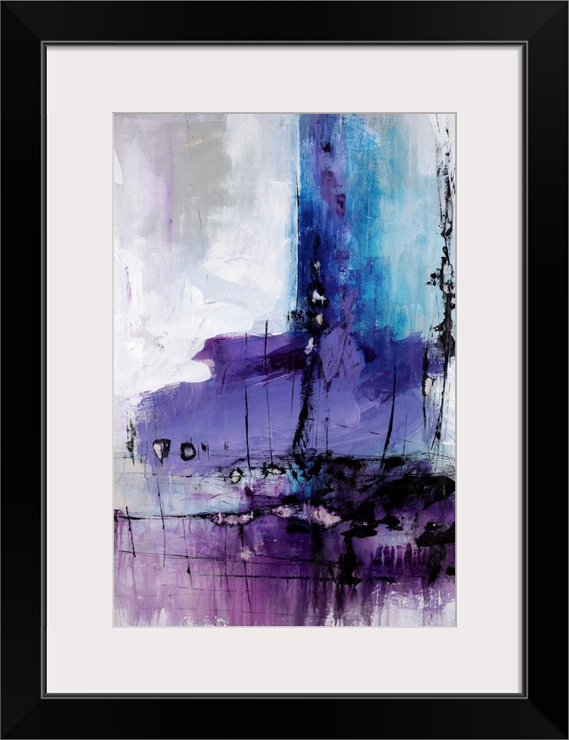 Contemporary painting done in brilliant shades of purple of purple from violet to eggplant over a gray toned background wi...