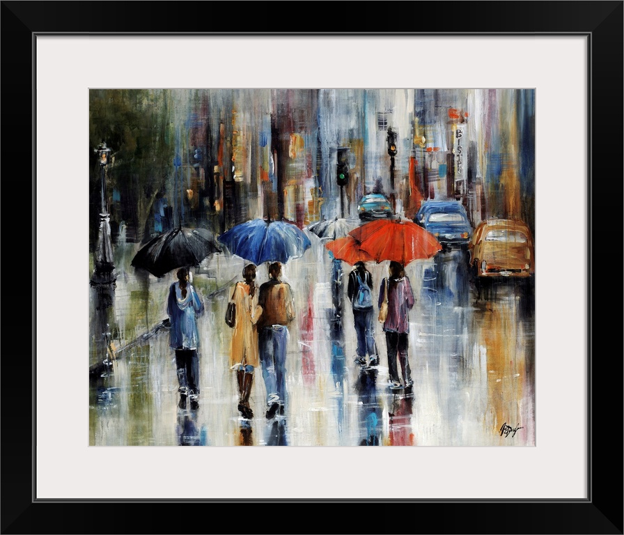 Large painting of people walking in the street with umbrellas. There is a sidewalk to the left of them and cars ahead to t...