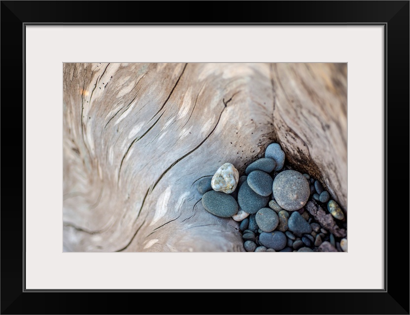 Photograph of smooth rocks piled on top of a piece of driftwood on the pacific northwest coast.