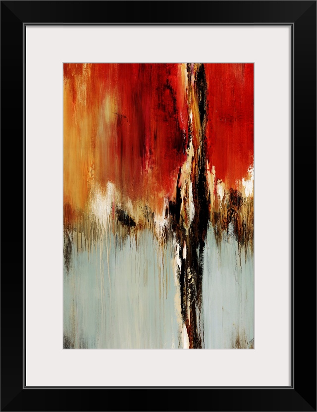 Vertical abstract painting on canvas of warm colors meeting neutral colors.