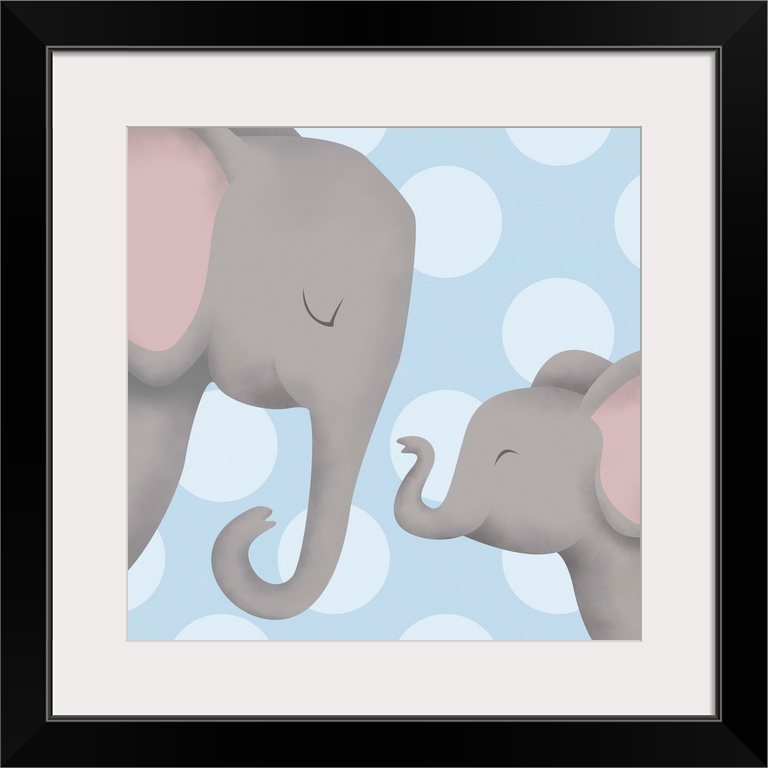 Nursery art of a mother elephant and her baby on a blue polka-dot background.