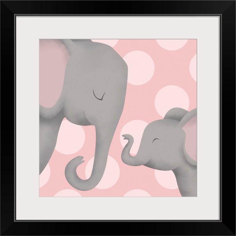 Nursery art of a mother elephant and her baby on a pink polka-dot background.