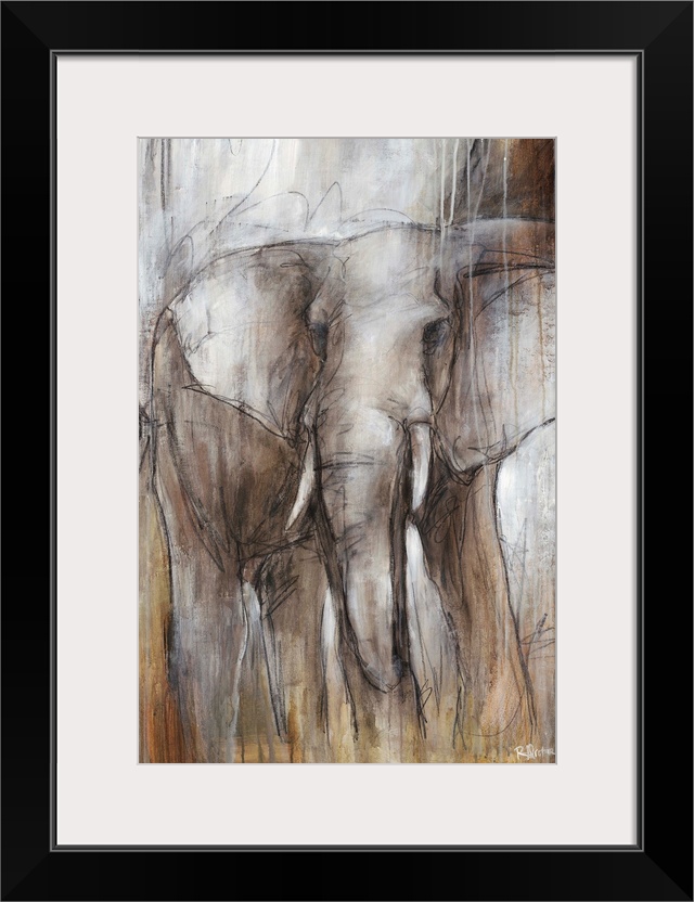 Illustrative painting of an elephant done in varying shades of grayish-brown.