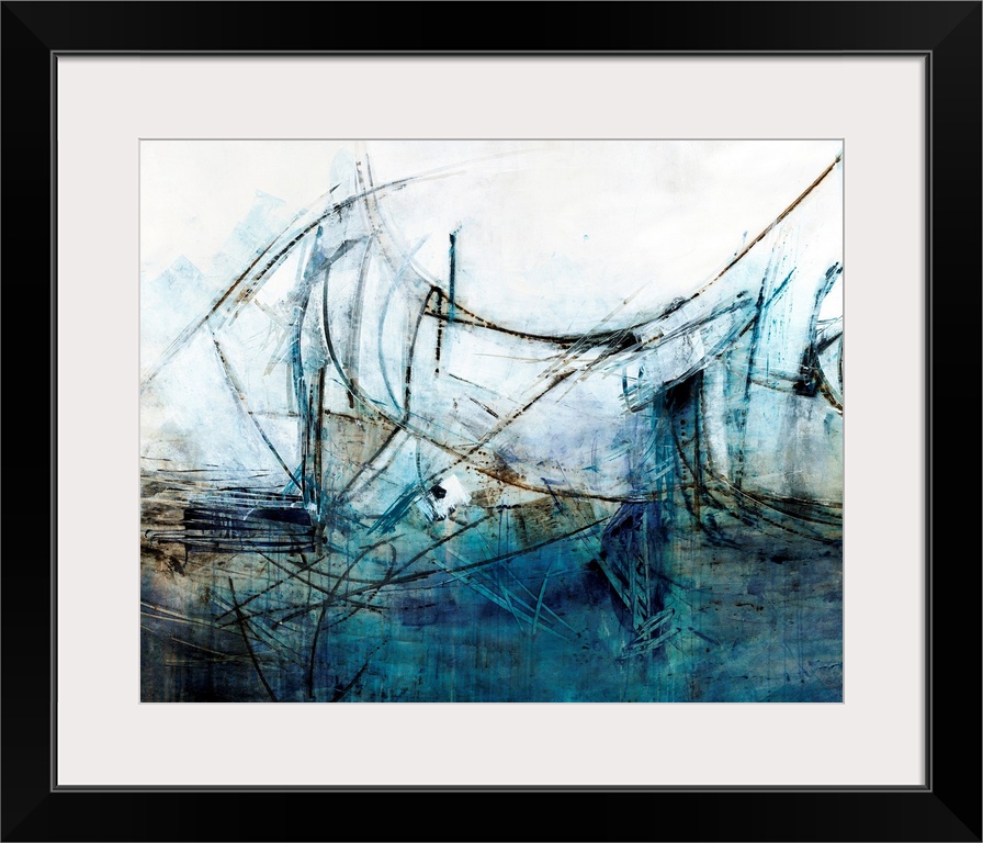 Contemporary abstract painting using tones of blue and white.