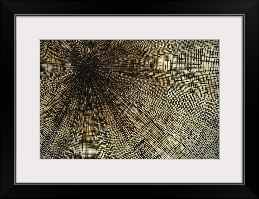 Contemporary abstract painting of lines diminishing in to a vanishing point in the top left corner over a tan background.