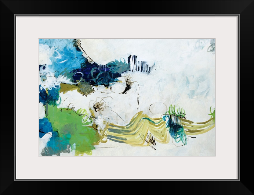 This is a horizontal abstract painting using a squiggly brush strokes and cloud like shapes to fill contemporary decorativ...