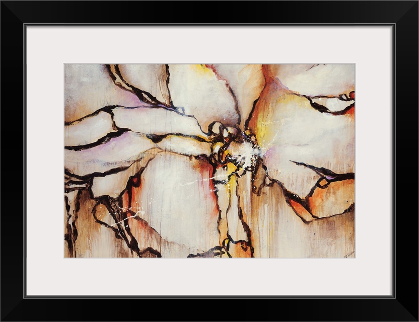 Large, horizontal contemporary painting of clustered shapes that resemble petals of a large flower with crackling edges. T...