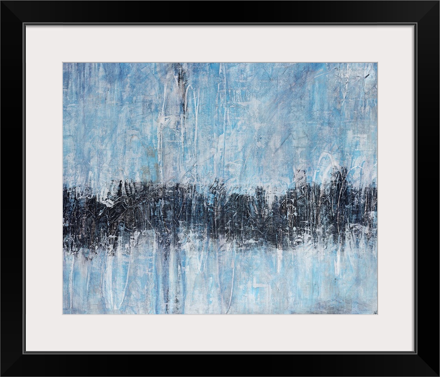 Contemporary abstract painting of a single horizontal stripe traversing bottom half of canvas.