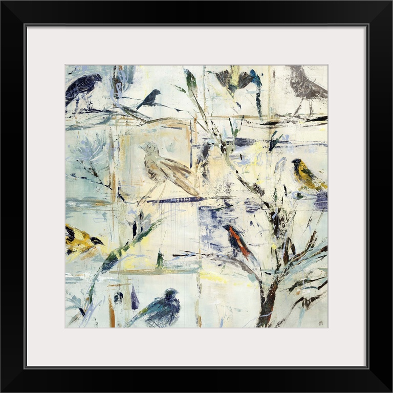 Contemporary painting of various abstracted birds against a cool cream background.