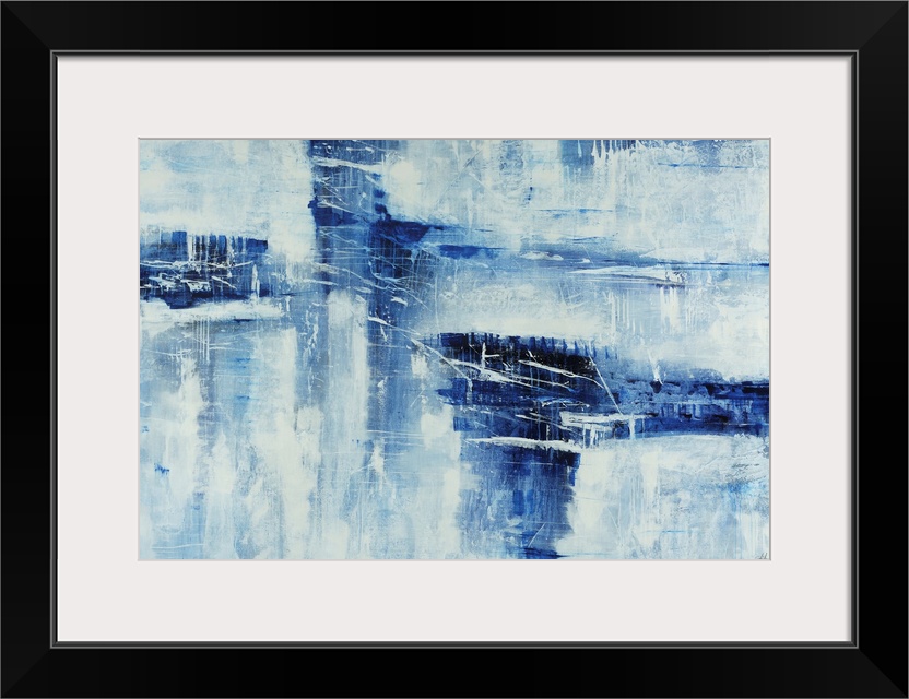 Contemporary abstract art of cool tones cut out and faded over top of a neutral background.