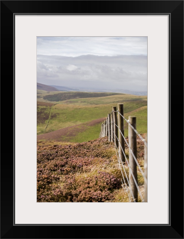 Vertical photograph of a fence running though rolling hills in an Edinburgh countryside, Scotland, UK