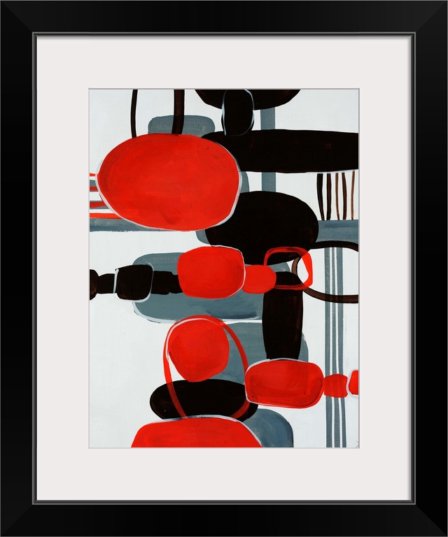 Modern painting of geometric shapes and lines reminiscent of mid century modern styles.