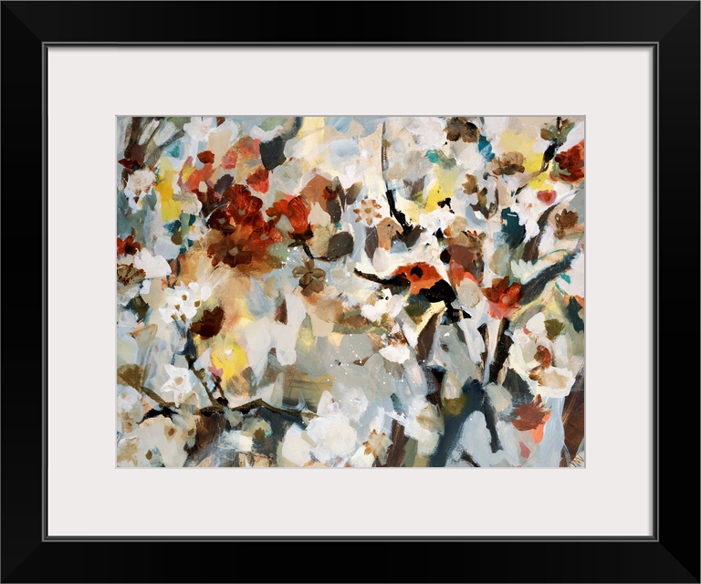 Abstract painting of various types of flowers that are bunched together and uses soft colors.