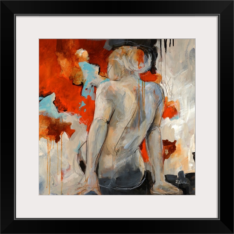 Figurative art work of a female nude from behind and abstract background. This square wall art would look great in a priva...
