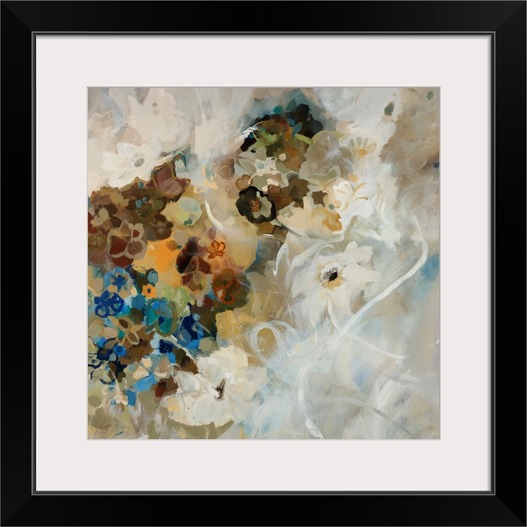 Large painting of assorted flower blossoms in mostly neutral tones with a rough texture.