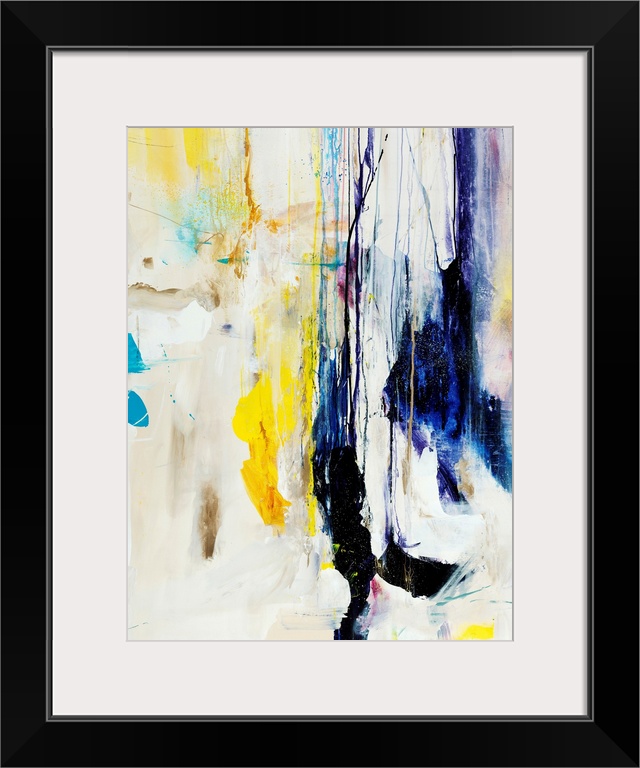 Abstract painting of multicolored patches and shapes that appear to be dripping downward from the top of the image, on a l...